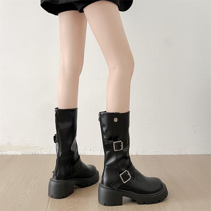 Black Retro Thick-soled Thick-heeled Martin Boots Women's 2025 New Summer British Style Thin Medium Tube Knight Boots
