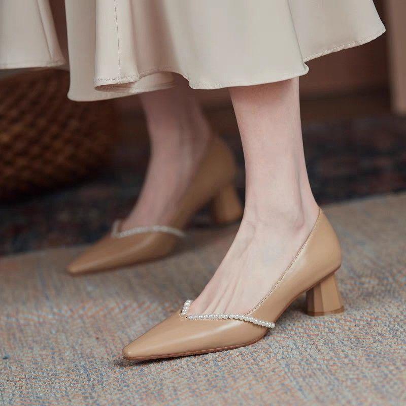 Shoes for Women 2024 Pearl Ladies Summer Footwear Bride Mary Jane with Heel Japanese Style Lolita Pointed Toe Gothic Lastest 39