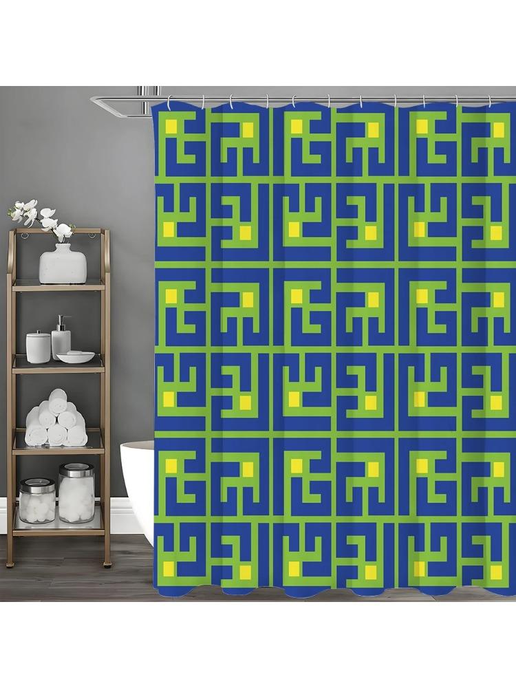 Creative Geometric Green Shower Curtain, Bathroom Decorative Shower Curtain, Waterproof Shower Curtain with Hooks W90xH180cm