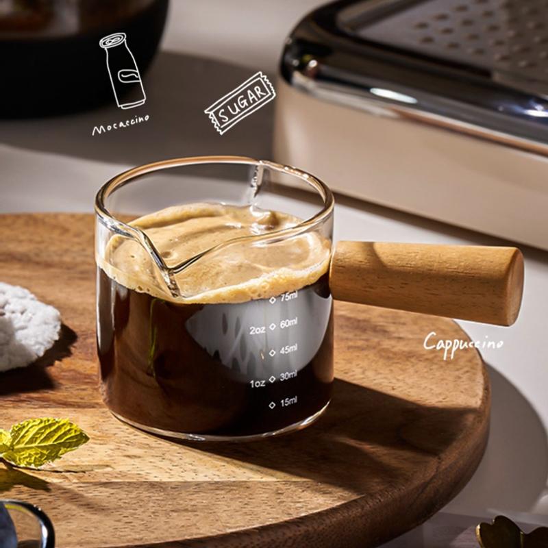 

PARACITY Glass Coffee Measuring Cup With Wooden Handle 60ML Latte Art Cup Transparent Coffe Measure Mug Milk Pitcher