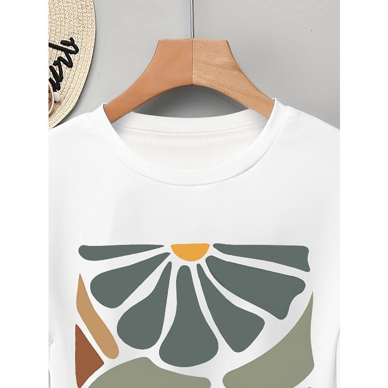 European sizes Women's Short Sleeve T-Shirt with Elegant Stained Glass Floral Art Print - Casual Relaxed Fit, Machine Washable