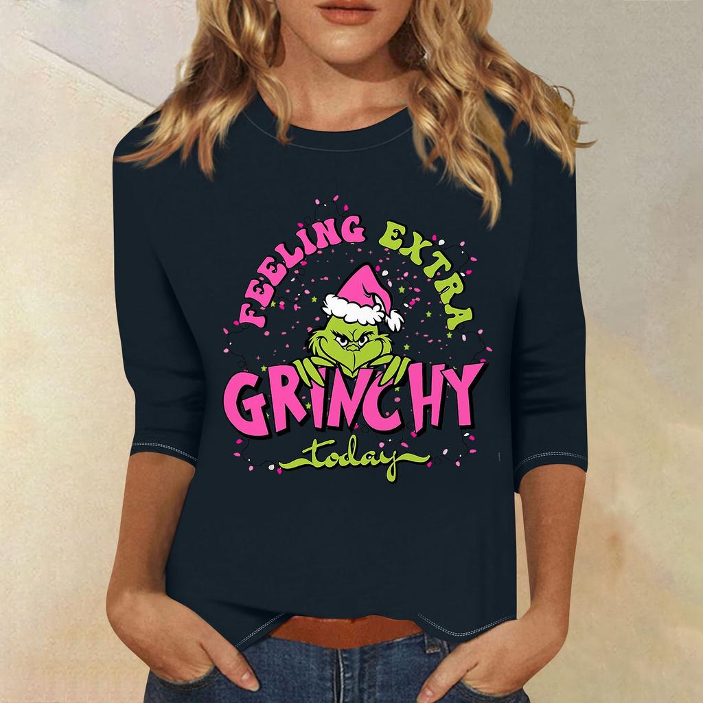 3/4 Sleeve Tops For Women T-Shirt Casual Christmas Print Tops T Shirt Round Neck Pullover Blouse