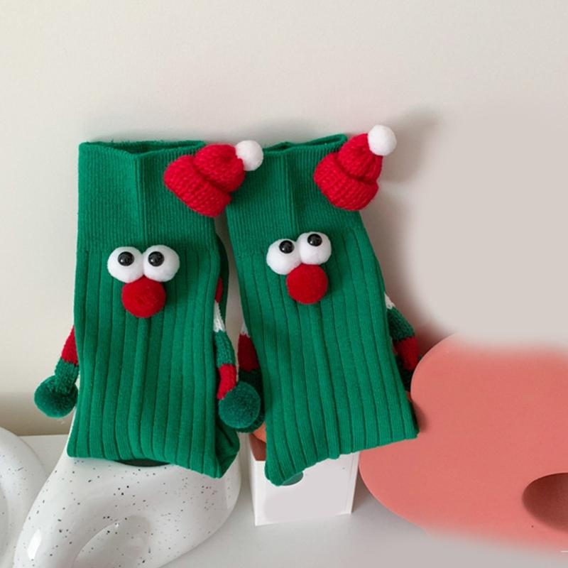 Unisex Couple 3D Santa Hat Dolls Christmas Middle Tube Socks with Magnetic Embellishments for Gifting and Celebrating