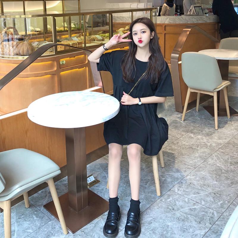 Maternity Summer Babydoll Dress - Short Sleeve, Mid-Length, Korean Style, Loose Fit, Plus Size, Round Neck Skirt