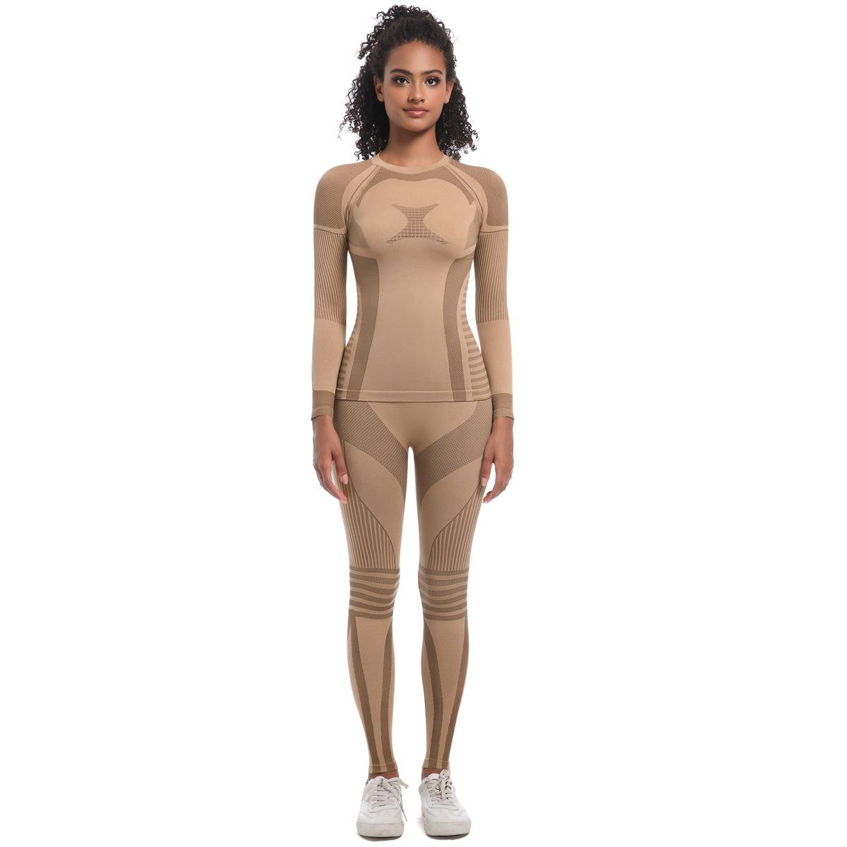 

Nessaj Yoga Workout Colthes Женские спортивные костюмы для фитнеса Футболки с длинным рукавом Push Up Леггинсы Бесшовная спортивная одежда L коричневый