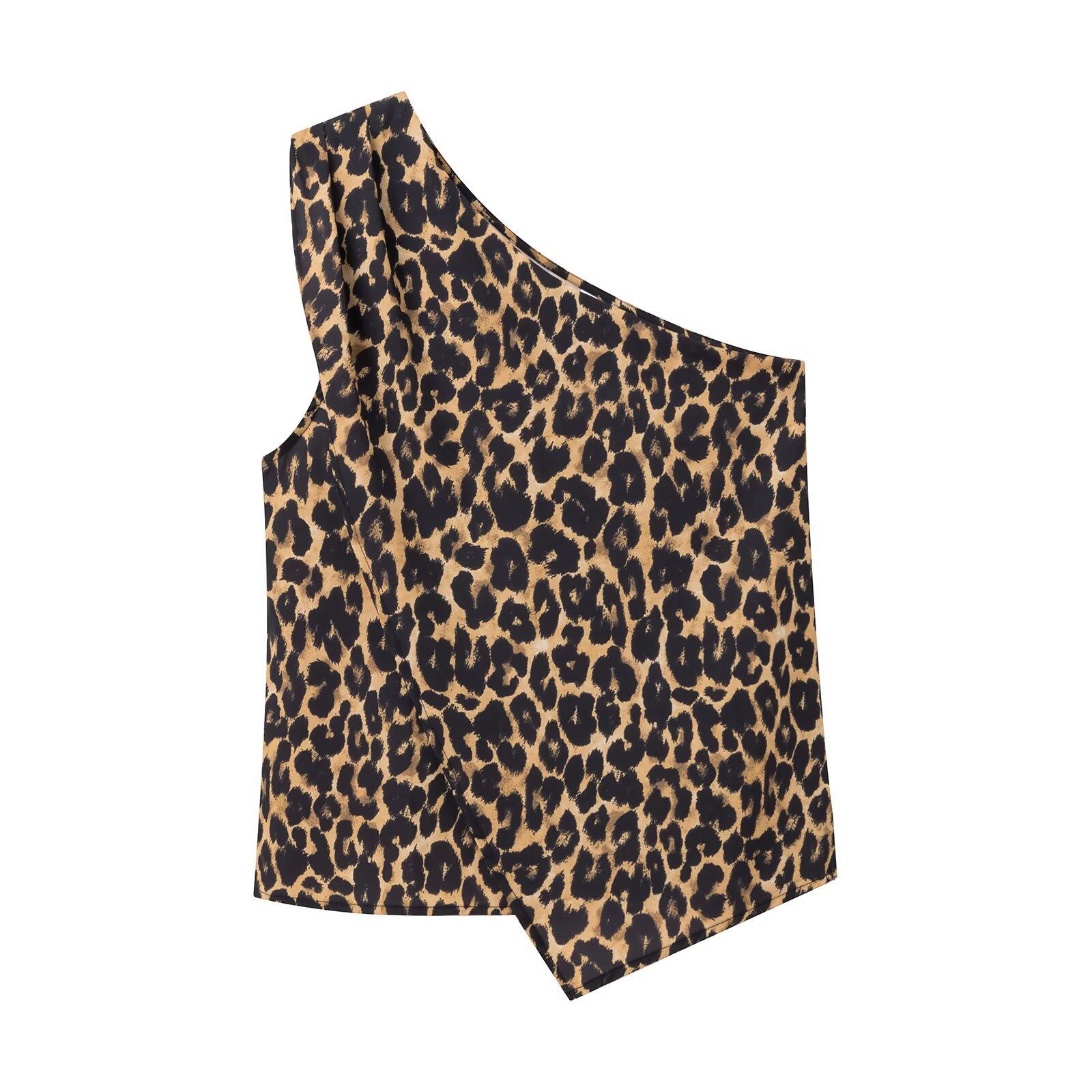 European and American style, new women s clothing, versatile, fashionable, fashionable, foreign style, leopard print slanted shoulder top XS цветной печати леопарда