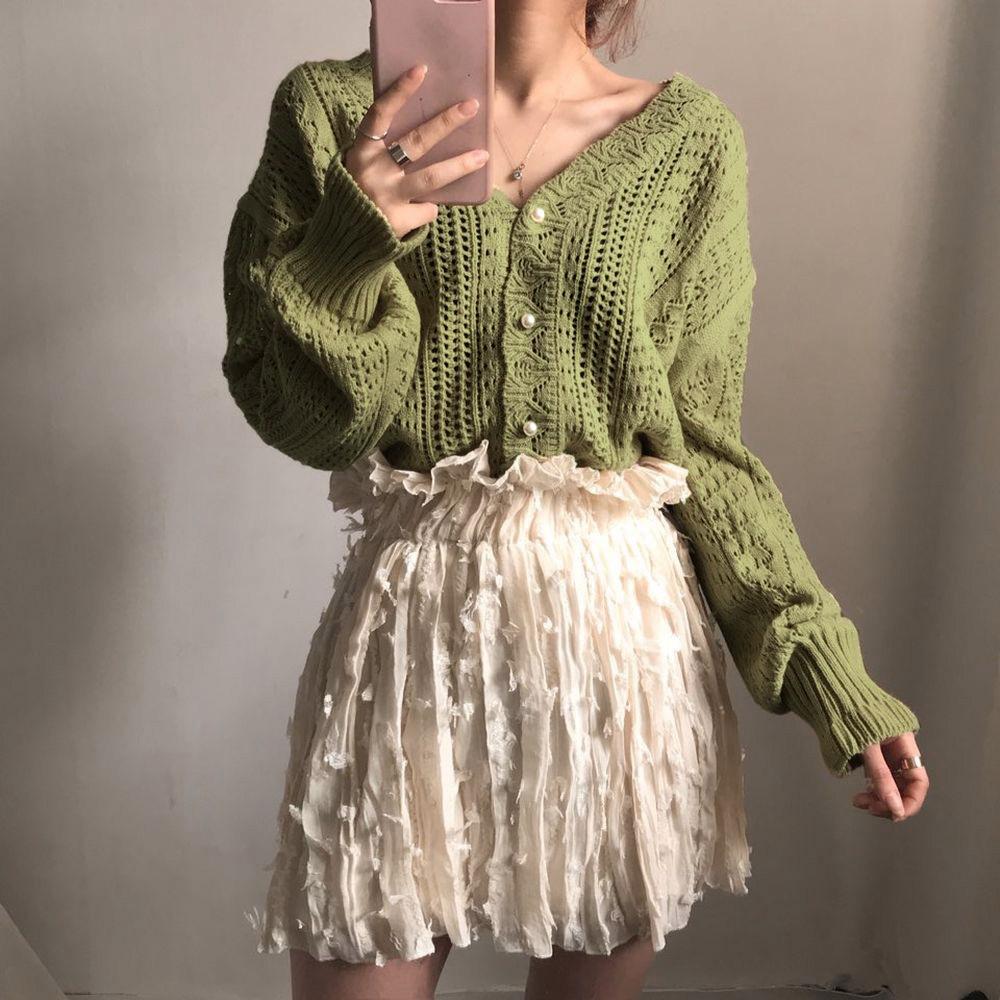 

Осенне-зимний свитер, женский французский верхний слой, женский осенний полый топ, свободный вязаный кардиган L армия зеленый