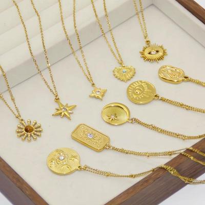18K Gold Stainless Steel Pendant Necklace with Diamond Heart, Star, and Cross Charms
