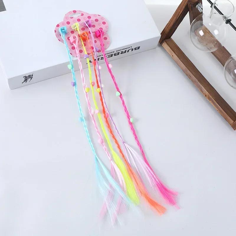6pcs Kids Girl Candy Color Wig Braid Hair Claw Princes Cute Butterfly Bow Heart Style Hair Clip Children Haid Styling Headwear