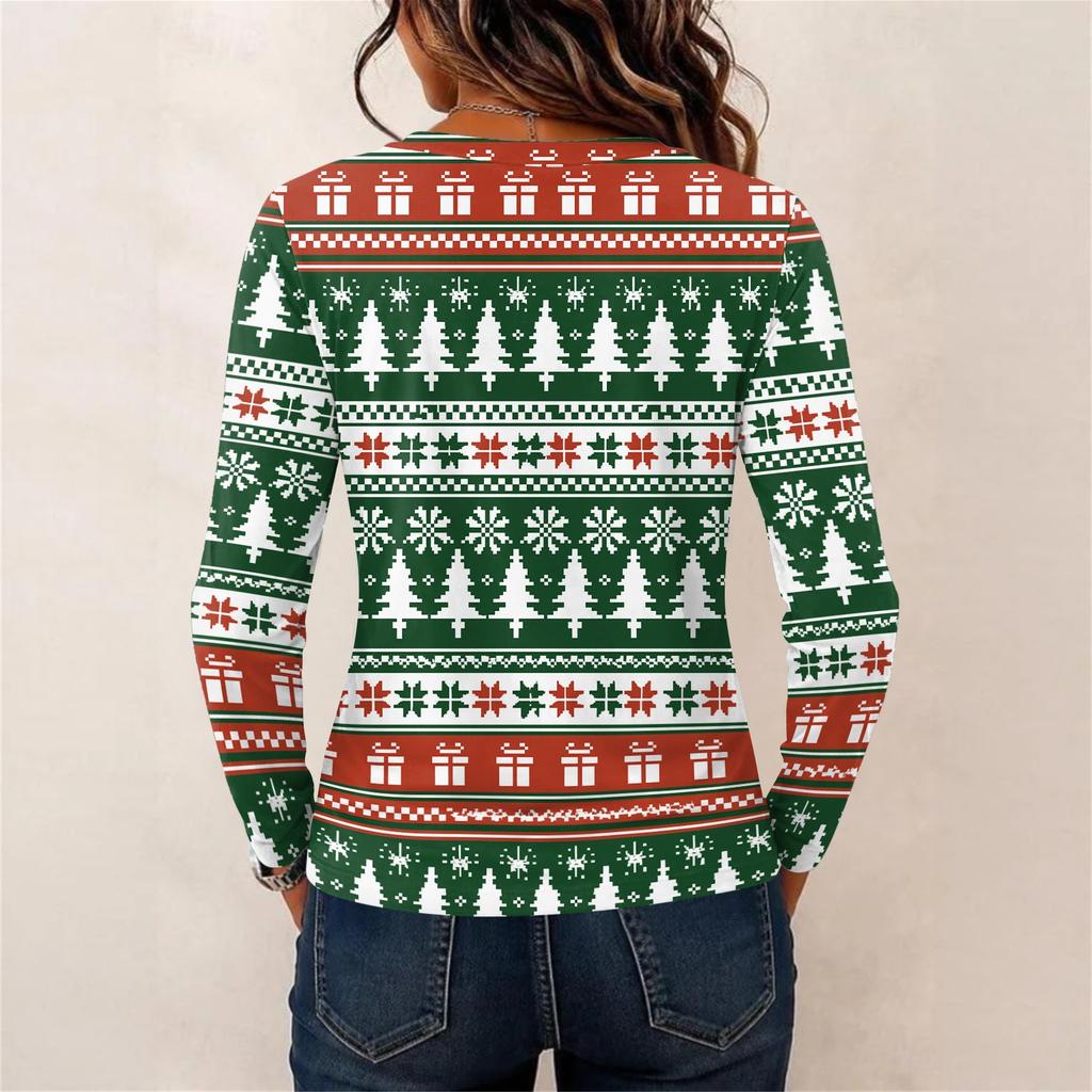 Women's Christmas Print Long Sleeve Neck Pullover Top
