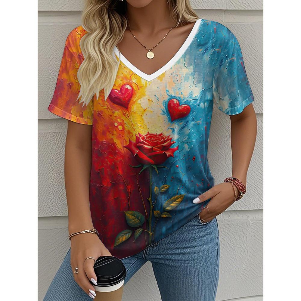 Blumen Damen V-Ausschnitt T-Shirt Sommer Outdoor Lässig Kurzarm Tops Mode 3D-Druck Trendig Übergröße Damenbekleidung