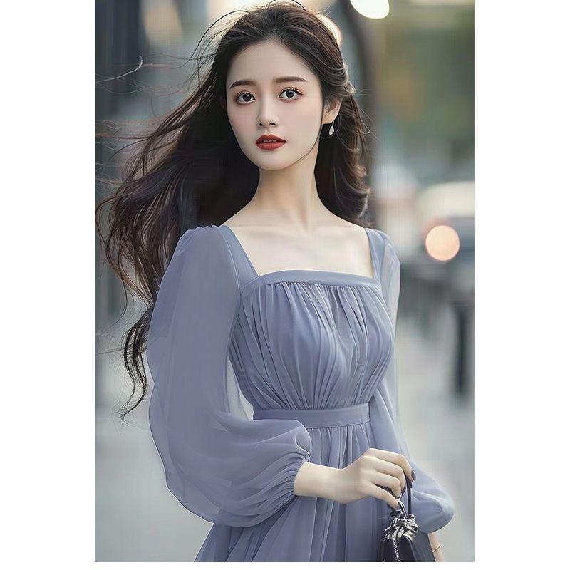 

Elegant Blue Chiffon Fairy Dress - 2026 French Princess Style with Waist-Cinching Design M (90-100 lbs)