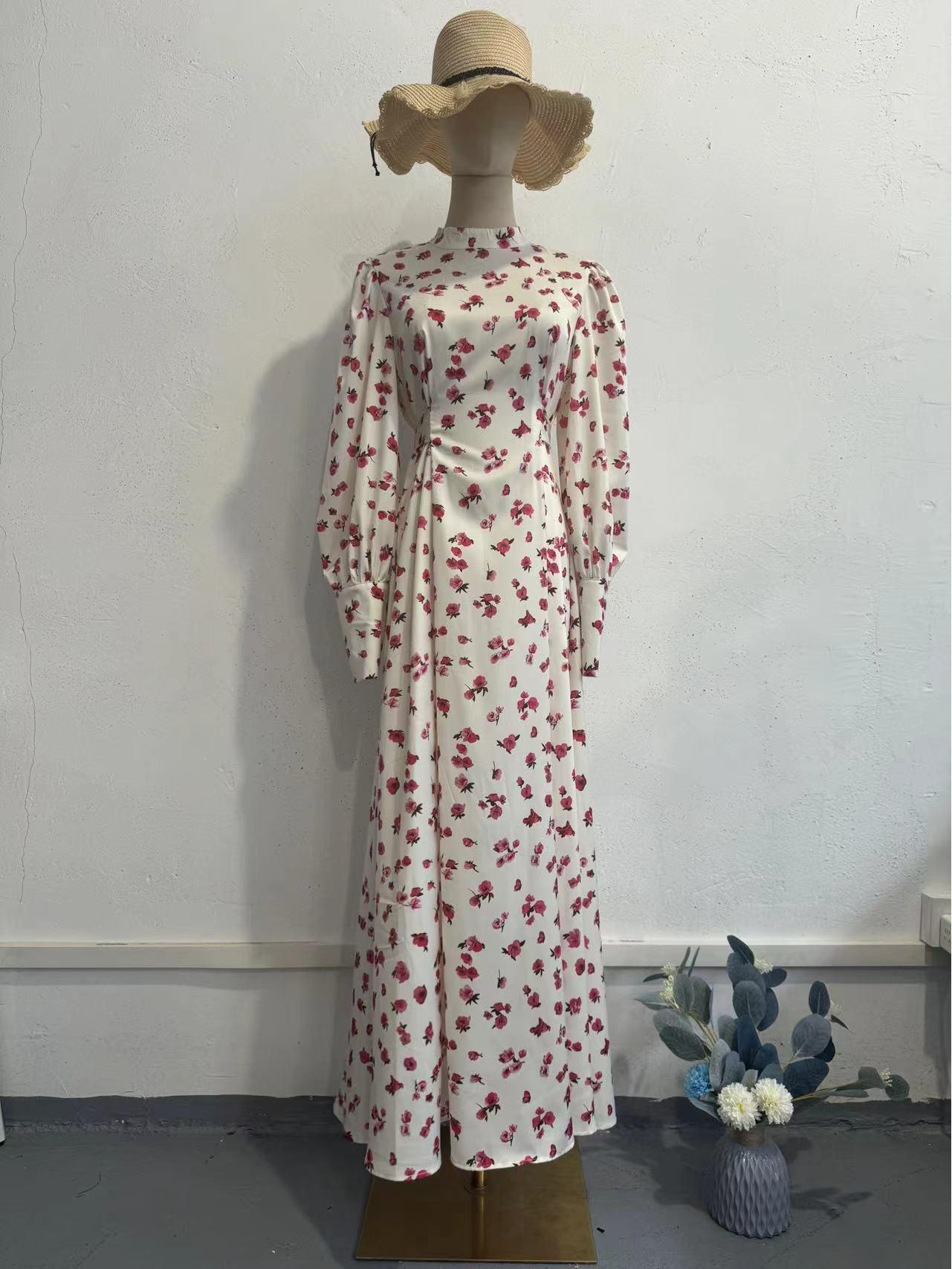 Elegant Cinched Waist Floral Satin Dress, French Mori Kei Style, 2024 European and American Fashion. L белый