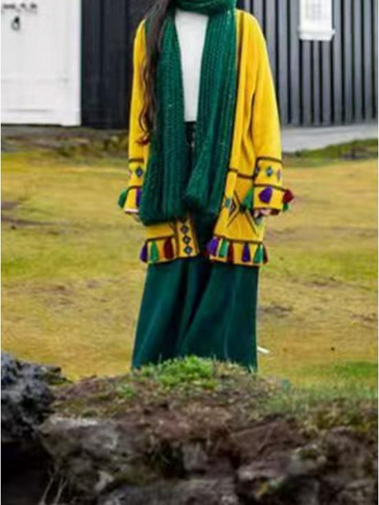 Damen Gelbe Ethnische Quasten Strickjacke Mantel