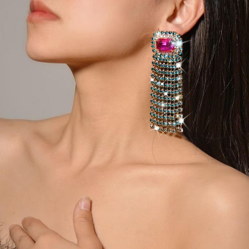 Fashion Statement Earring Long Full Rhinestone Big Earrings For Women Euorpe Evening Party Crystal Tassel Earings