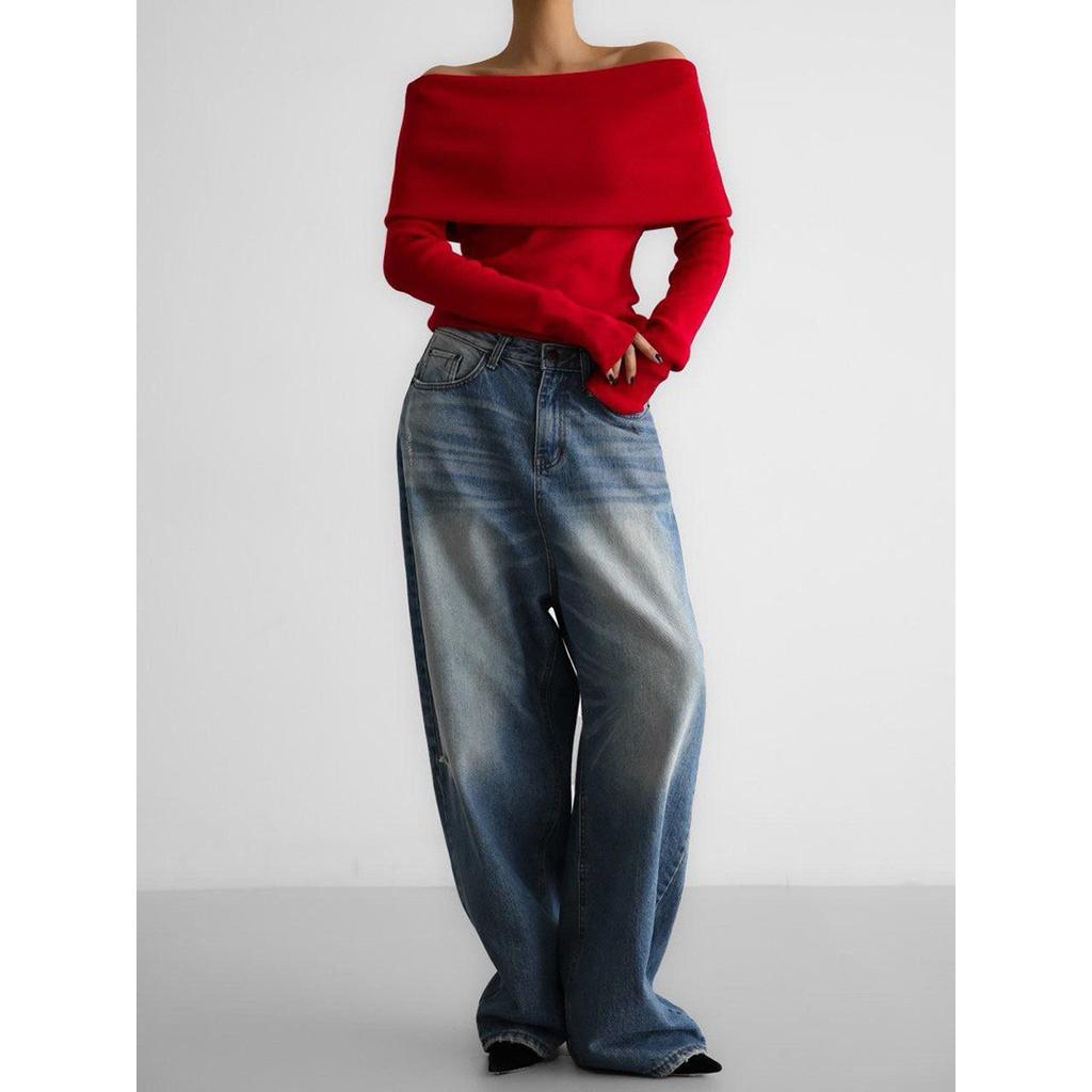 2025 Autumn Winter Women's Off Shoulder Sweater Long Sleeve Knitted Slim Fit Sexy Top