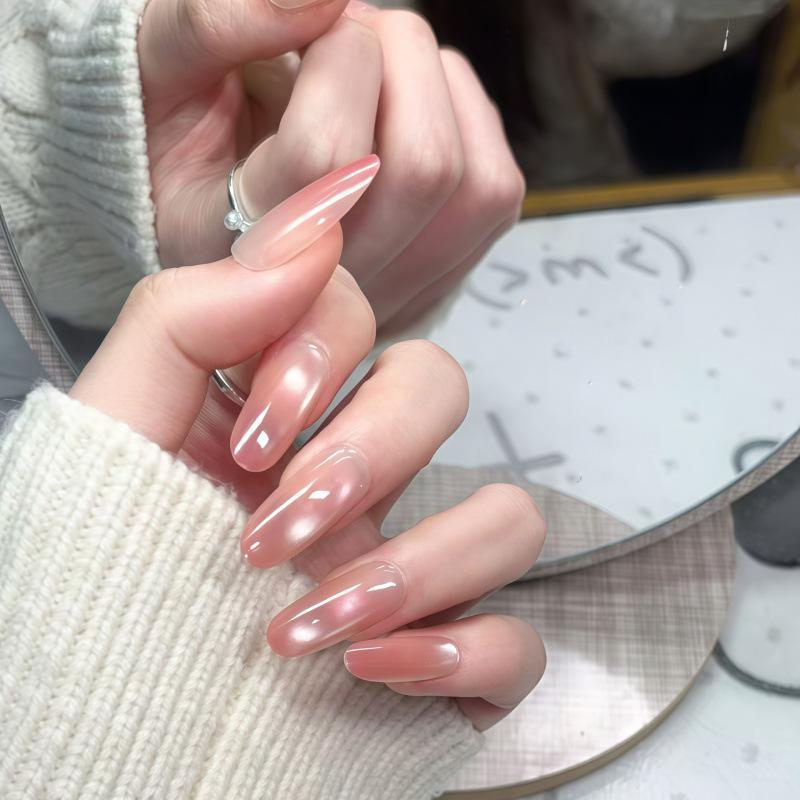 Girl's Nude Pink Glitter Gradient Beads Cat Eye Press-On Nails - Skin Brightening, Detachable