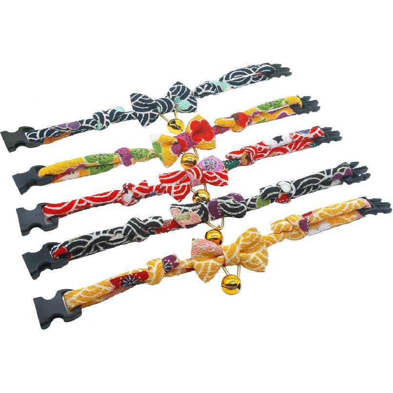 PetSoKoo Bowtie Cat Collar with Bell Breakaway, Japan Chirimen Fabric Golden Bell