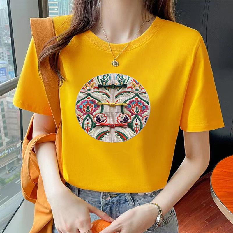 VEZFAA Women's Fashion Casual Summer Spring Flower Pattern Print Short Sleeve O-Neck Blouses & Shirts