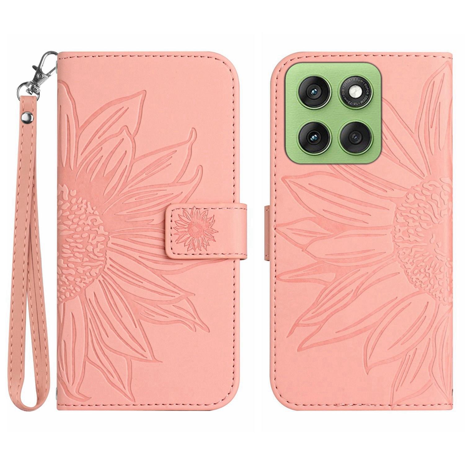 

For Motorola Edge 60 Pro 5G Case Sunflower Imprint Leather Wallet Phone Cover with Wrist Strap Pink