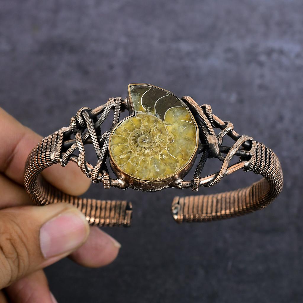 Natural Ammonite Fossil Gemstone Copper Wire Wrap Cuff Bangle Adjustable N9E39