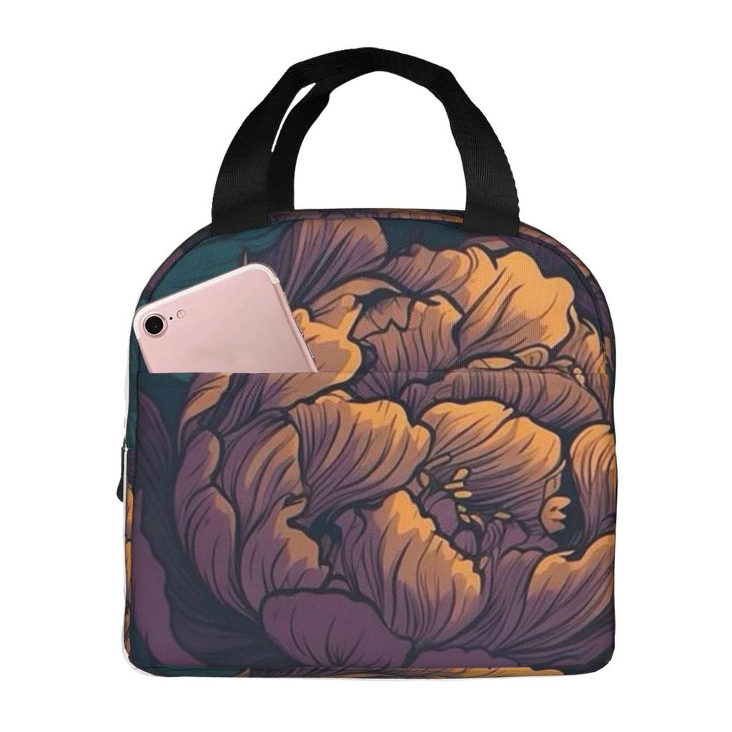 Purple Flower Vintage Pattern Insulated Lunch Bag for Women Kids Portable Food Boxes Thermal Lunch Box Tote