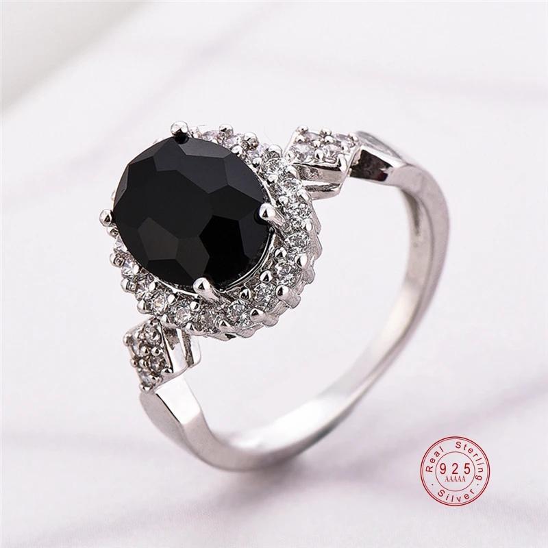 Genuine Sterling Silver Stackable Ring Round Black CZ Crystal Finger Ring for Women Wedding Party Bague Bijoux