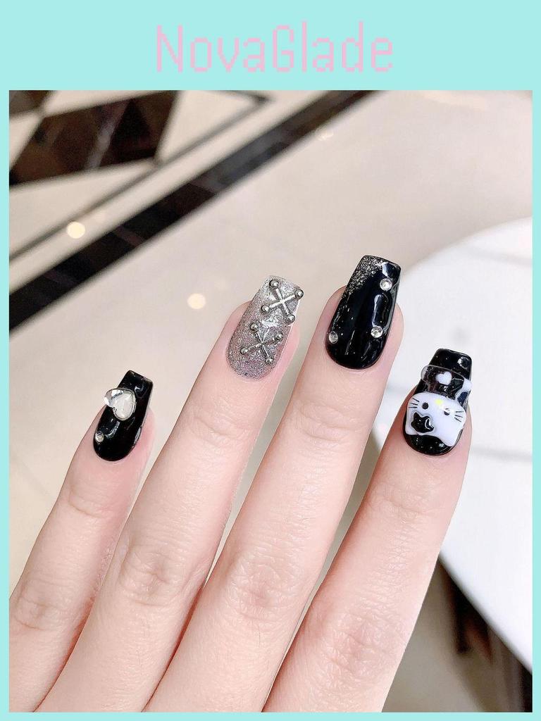 Handmade Xs-l Dark Kitty Flame Butterfly Nail Stickers For Women