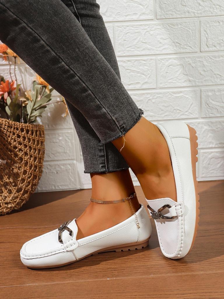 Women's Plus Size Casual Spring 2025 Soft Sole Loafers - Metal Detail, Flat Bottom, Lazy Bean Style