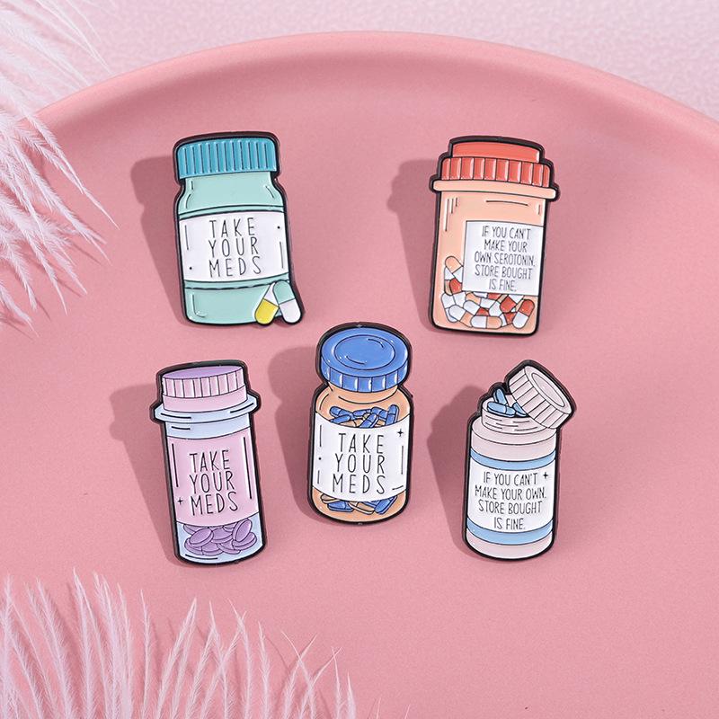 Cartoon Medicine Bottle Alloy Brooch: European & American Style Enamel Badge for Clothes & Bags