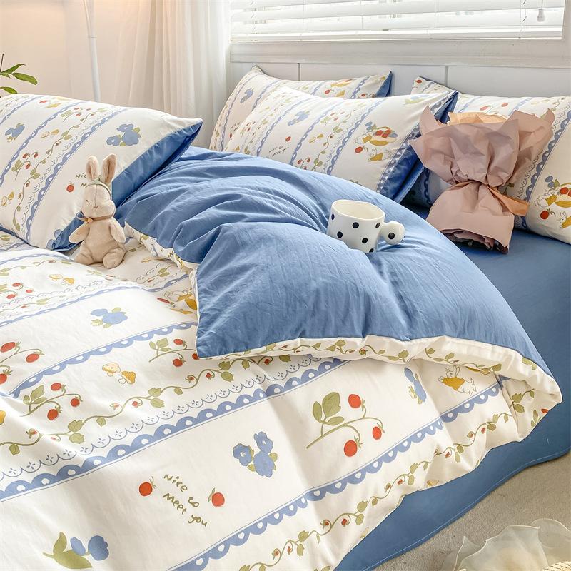 Class A Small and fresh 100% washed cotton 4pcs set, pure cotton polished quilt cover, single bed hat, student dormitory three 4-piece set