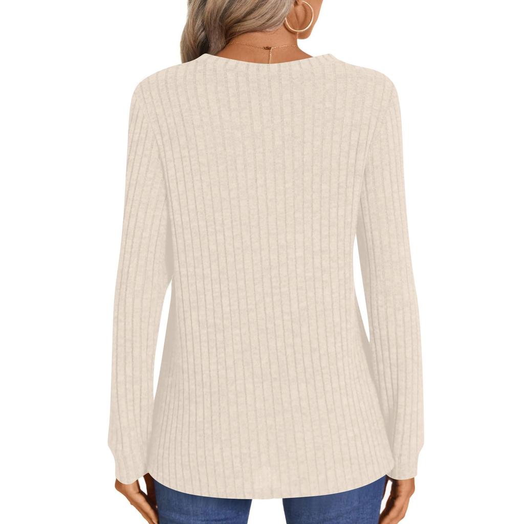 Women's Fashion Color V-Neck Button Loose Long Sleeve T-Shirt Top