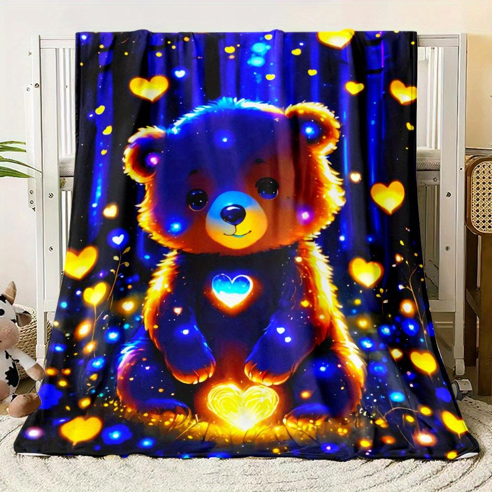 Glow-in-the-Dark Blue Bear Flannel Blanket - Soft & Lightweight for Sofa/Bed/Travel,Digital Print Cozy Gift for Family & Friends