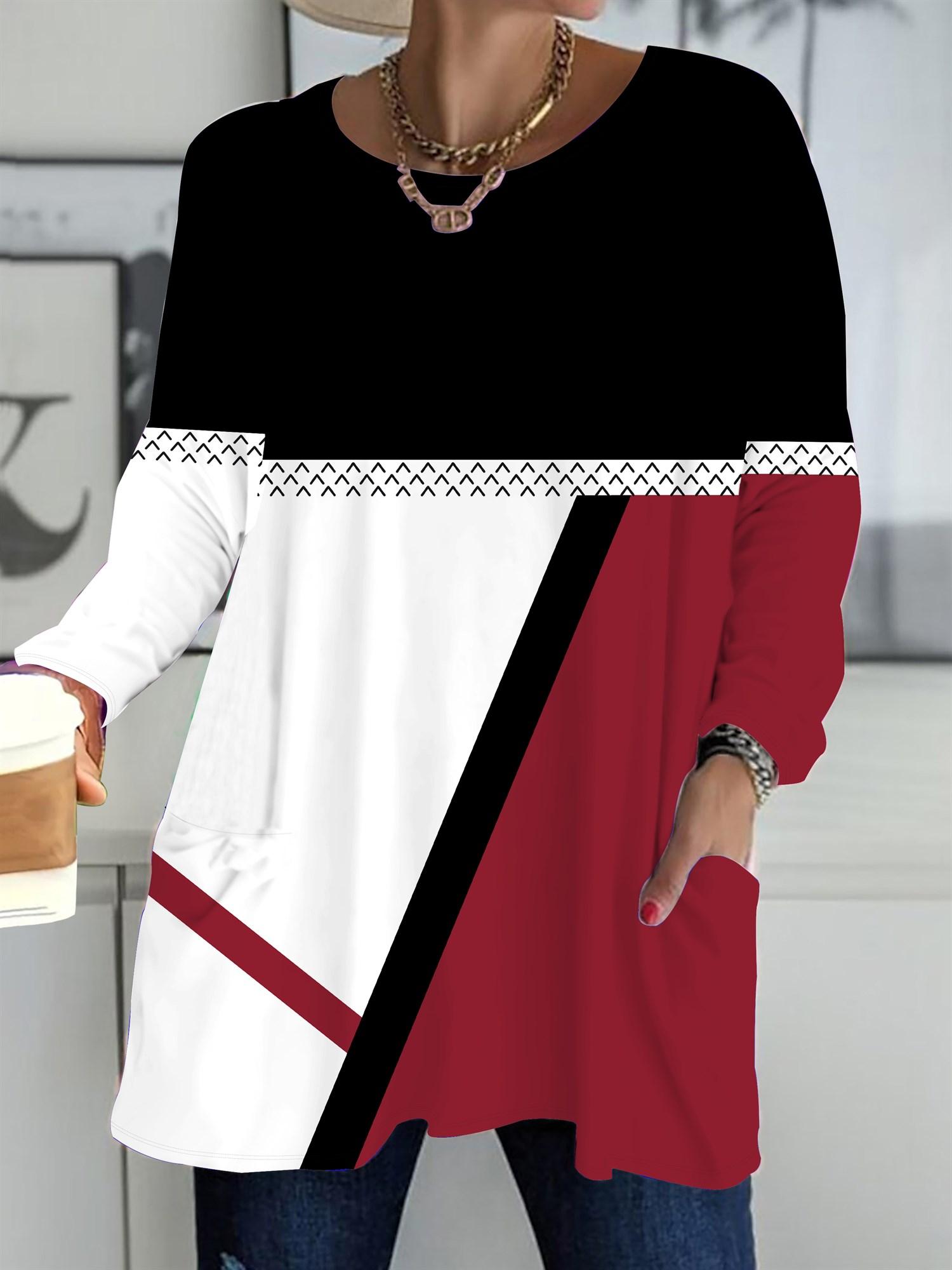 

2025 Осень Зима Новые Женские Топы Большого Размера, Модные Футболки с 3D-принтом в клетку, с круглым вырезом и длинным рукавом 6XL красный