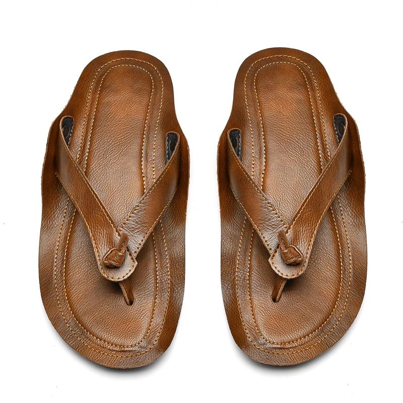 Fashion Luxury Brand Roman Mens Slippers Summer Comfort Genuine Leather Sandals Flip Flops Anti Slip Breathable Beach Casual Shoes 2024