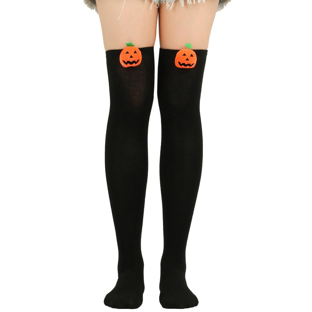 Women Cute 3D Evil Pumpkin Striped Over Knee Long Socks Thigh High Stockings for Halloween Cosplay Party Costume Hosiery