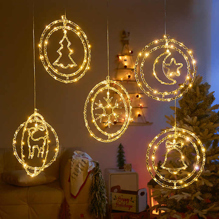Warm White 3D Christmas Hanging Rotating Star Moon Night Lights for Merry Christmas New Year Holiday Tree Window Wall Decoration