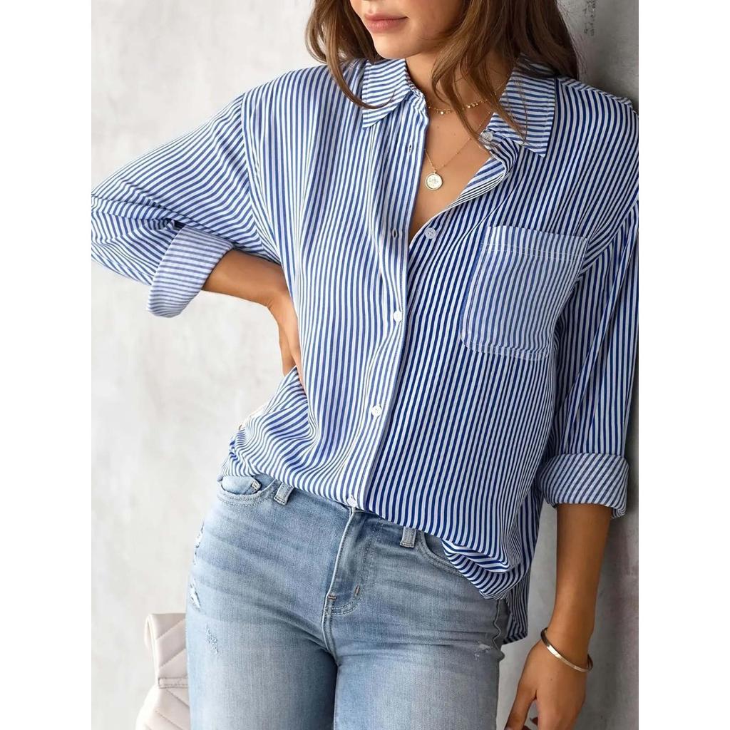 Printed Striped Cardigan, Casual Fashion Shirt, Loose Striped Women's Shirt, Work Shirt, Casual Long Sleeved Shirt