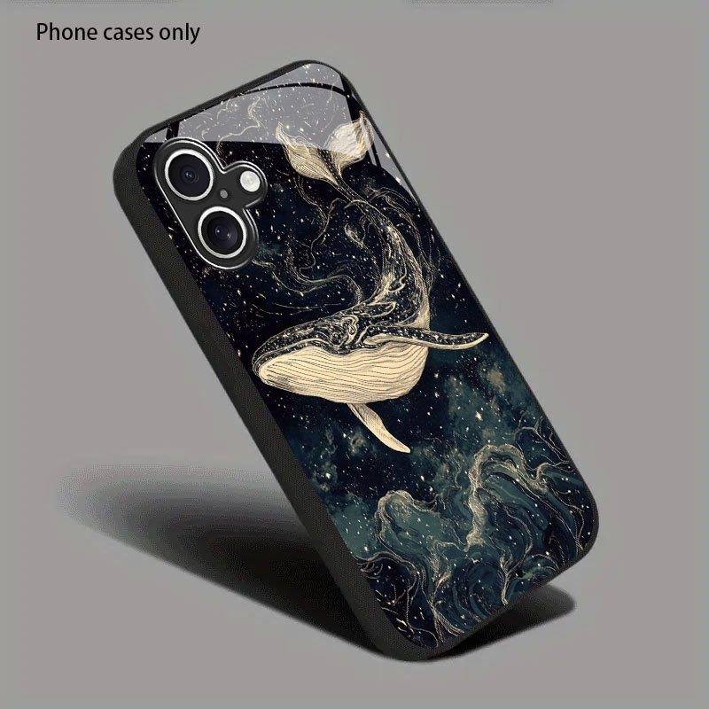 Black Whale Design Tempered Glass Phone Case Suitable for iPhone 17 16 15 14 13 12 11 Pro Max Plus Anti Drop and Shockproof