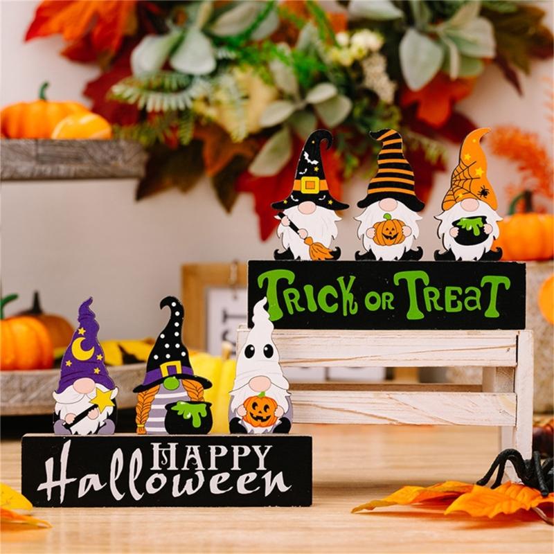 2Pcs Creative Halloween Gnomes Pumpkin Witch Figurines Wooden Block Table Sign For Festives Home Shelf Tiered Tray Decors