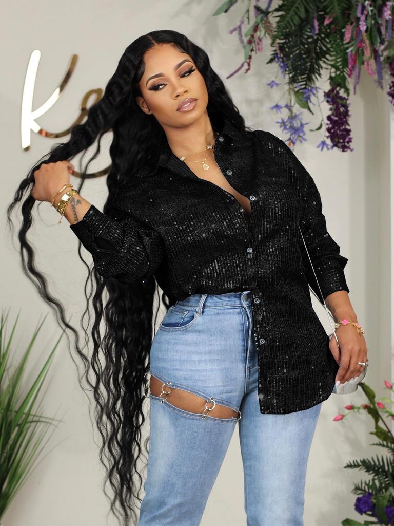 Autumn/Winter Versatile Suede Lapel Shirt with Sequins and Beads