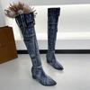 Fashion Sexy Jean Boots Women's Knee-High Boot Zipper 6CM High Heel Woman Stylish Jeans Boots Ladies Denim Boot Female Shoes Cowboy