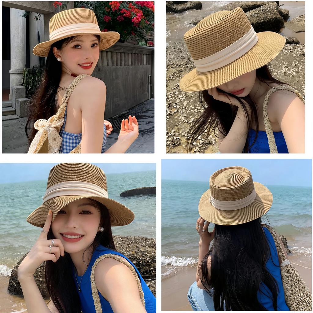 Elegant Ribbon Straw Hat for Women British Style Wide Brim Sunshade Panama Hats Female Lady Outdoor Travel Beach Cowboy Cap
