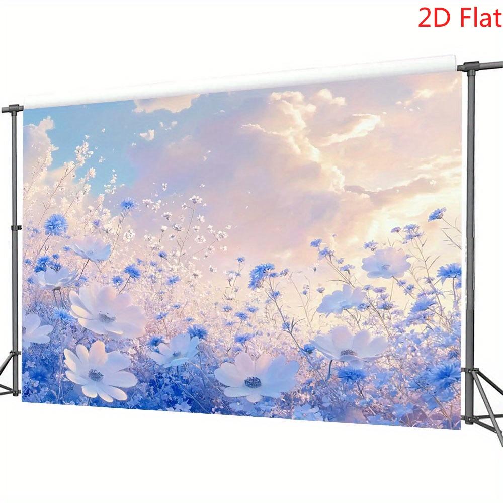 2D Plane, Dreamy Floral Background Banner - Pink and Blue Ocean with Soft Clouds, Polyester Fabric, Home Decoration
