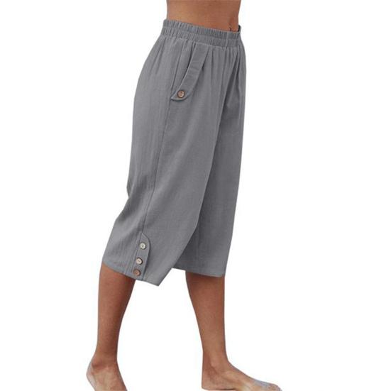 Women Cropped Pants Elastic Waist Pocket Straight Wide Leg Solid Color Daily Wear Thin High Waist Women Trousers Female Clothes