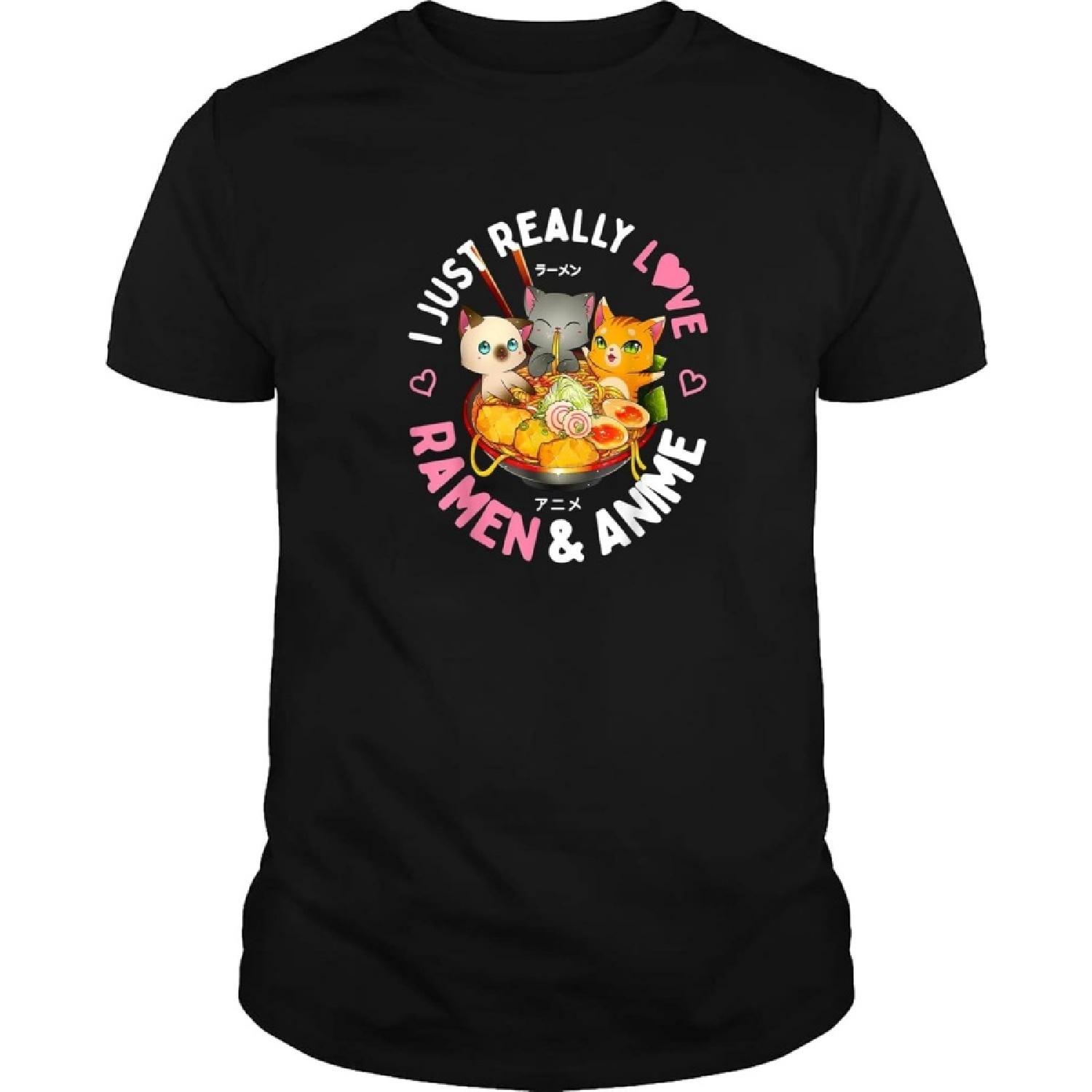 Love Anime and Ramen Japanese Noodles Neko Kawaii Cat Gifts T-Shirt Black S