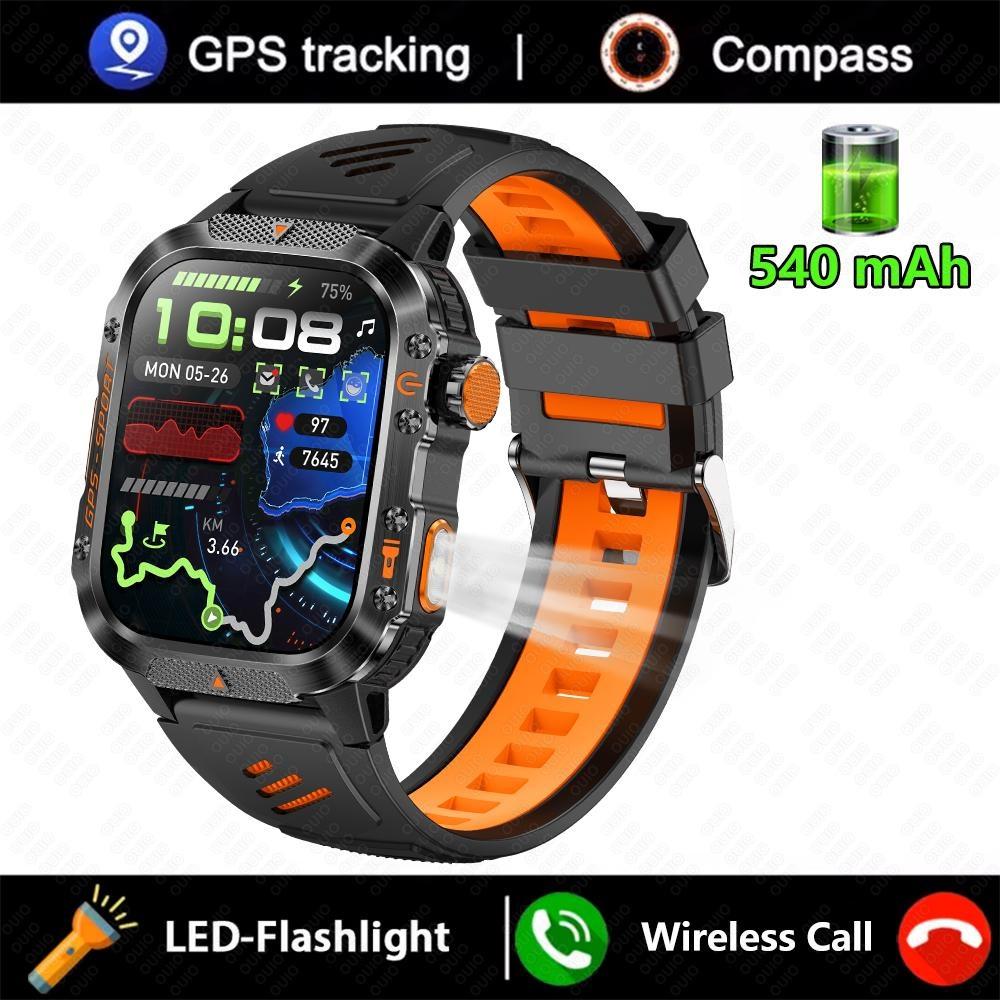 

New GPS 6 Satellite Position Smart Watch 2.01 HD LED Flashlight 540 mAh BT Call 100+ Sports Compass IP68 Waterproof Smart Watch Orange silicone