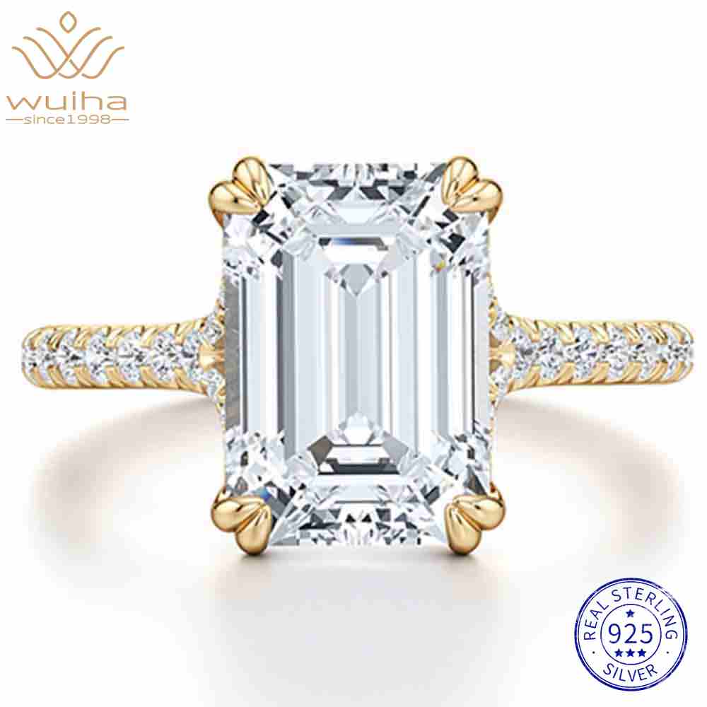 WUIHA 100% 925 Sterling Silver 2 CT Emerald Cut D Color Real GRA Moissanite Gemstone Single-row Double Claws Ring Fine Jewelry