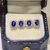Vintage earrings court French elegant small stud earrings, copper inlaid four-claw oval sapphire blue zircon mini earrings