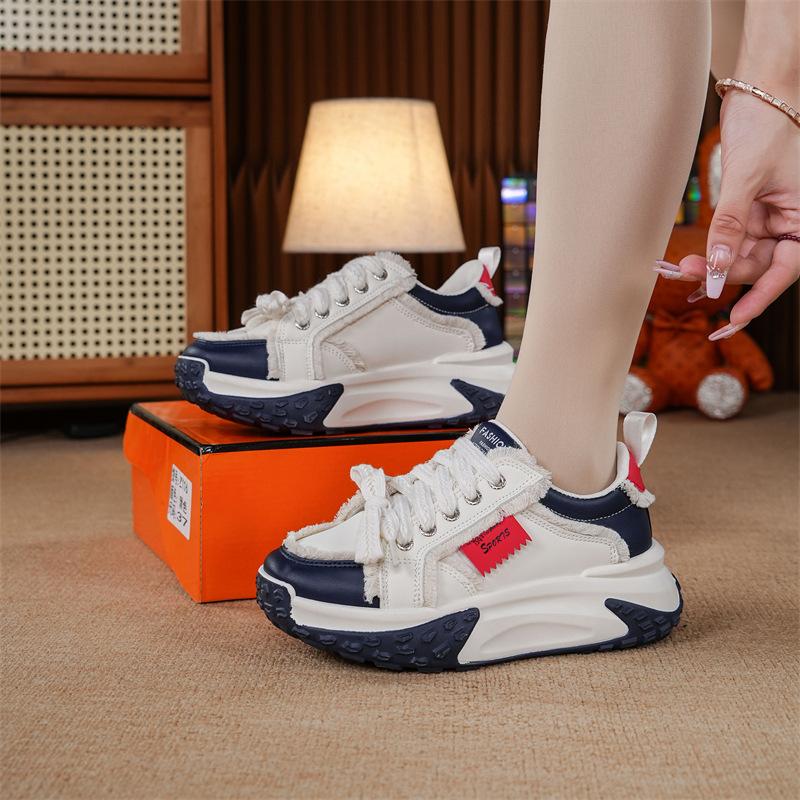 Spring Summer Increased 5CM Women Platform Sneakers High-quality Microfiber Leather Lace-up Women Vulcanized Shoes  Mujer